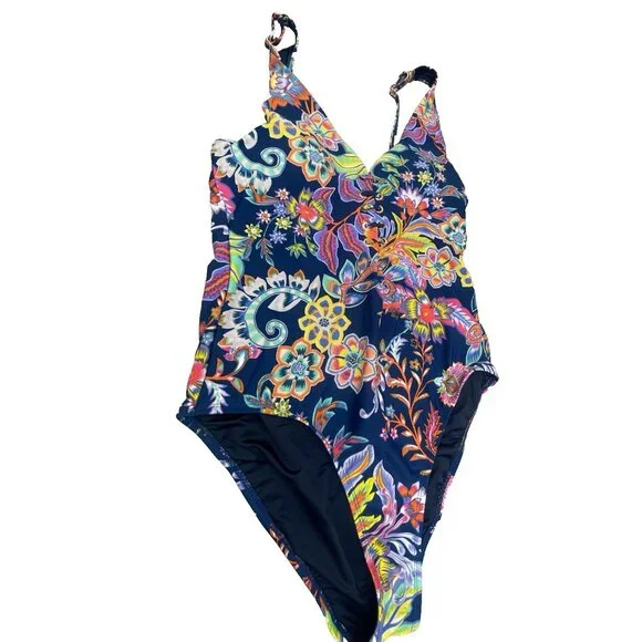 NEW $108 BCBGMAXAZRIA Womens Small One Piece Swimsuit Midnight Floral Lace Up - Picture 10 of 13